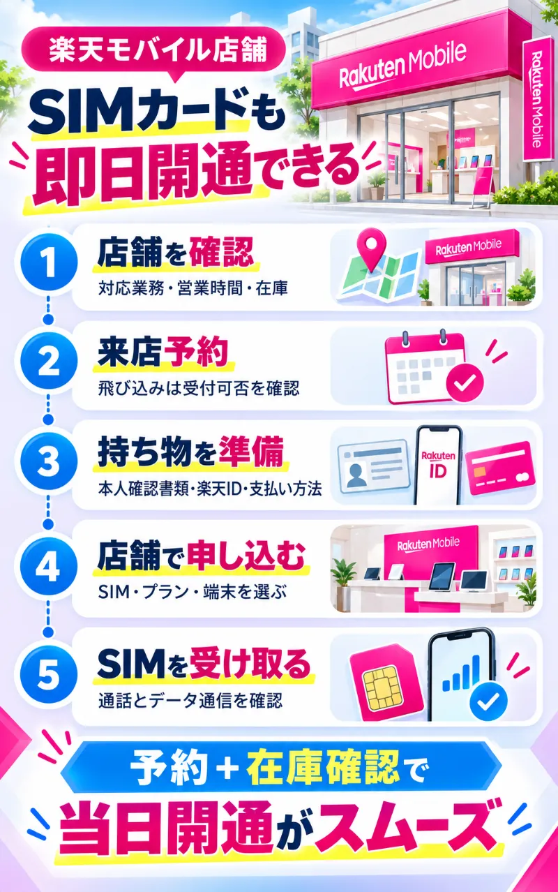 楽天モバイル店舗ならSIMカードでも即日開通できる！来店予約から利用開始までの5ステップ