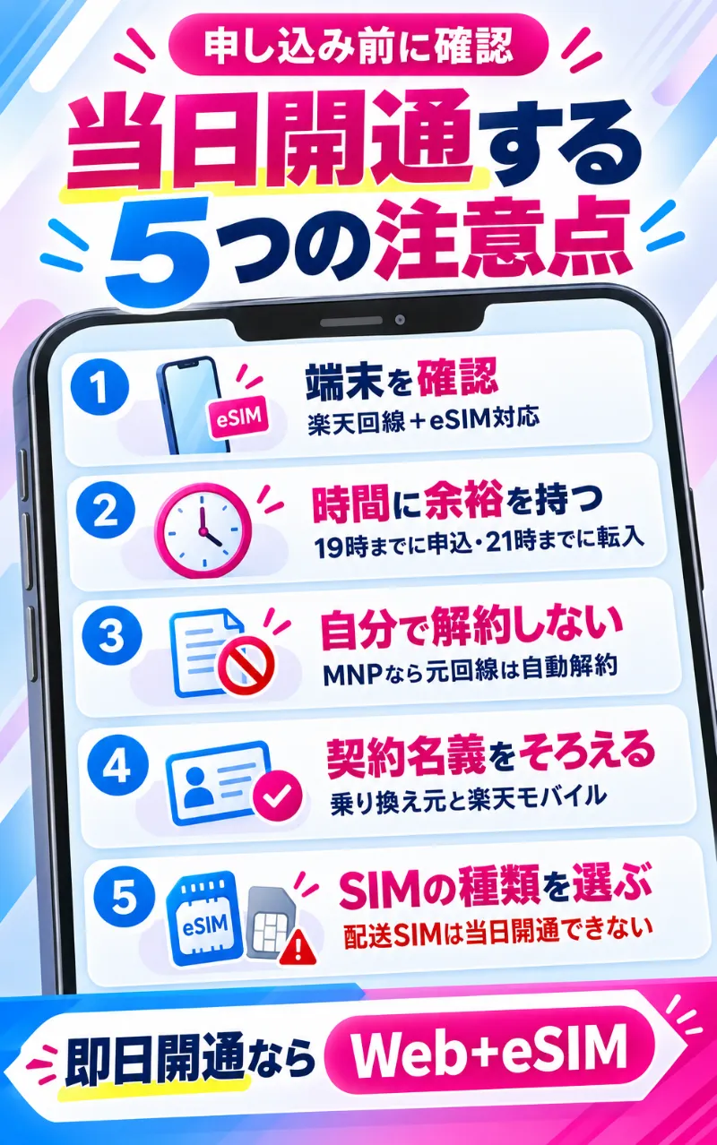 楽天モバイルを当日中に開通するために申し込み前から確認したい5つの注意点