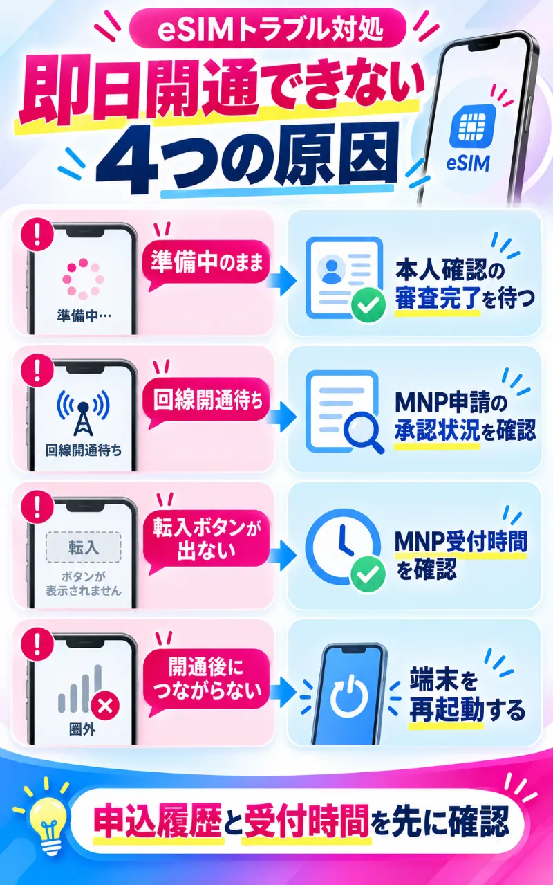 楽天モバイルのeSIMが「準備中のまま」など即日開通できない4つの原因と対処法