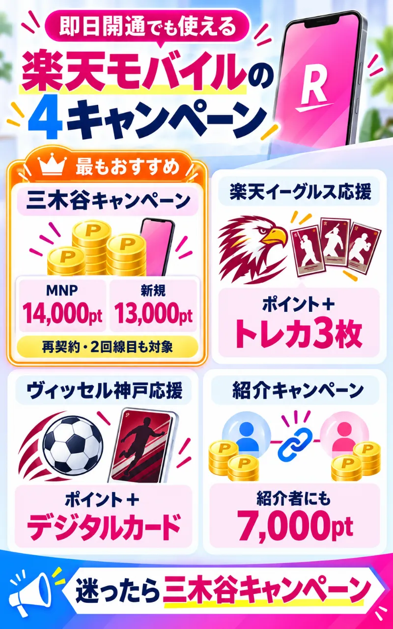 楽天モバイルの即日開通で使える4つのキャンペーン！最もおすすめなのは再契約にも使える三木谷キャンペーン